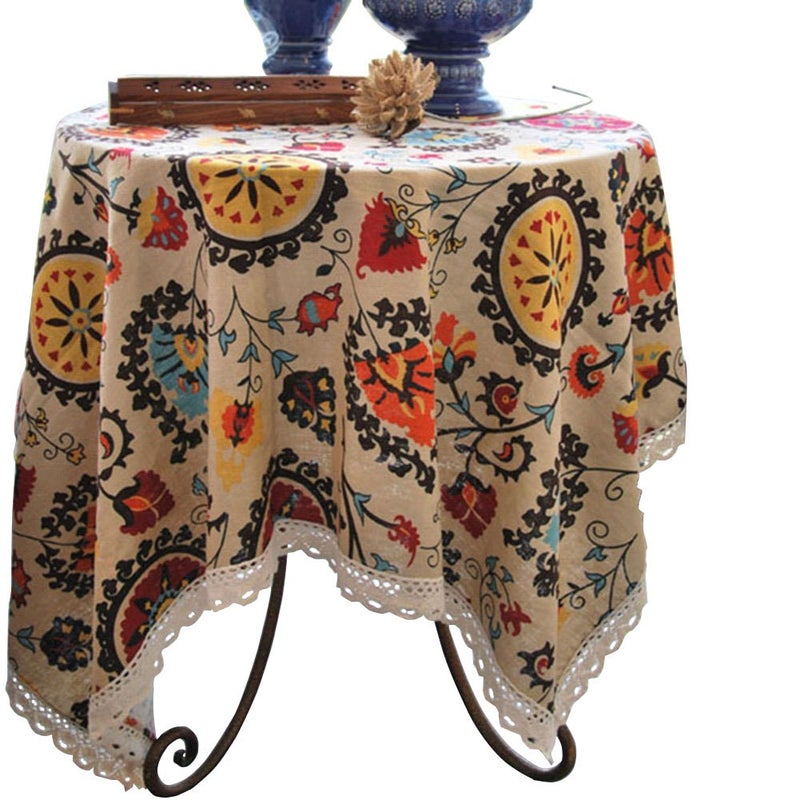 Aothpher Modern Boho Floral Jacquard Washable Tablecloths with Lace for Dining Table, 35x35 Inches - Image 1